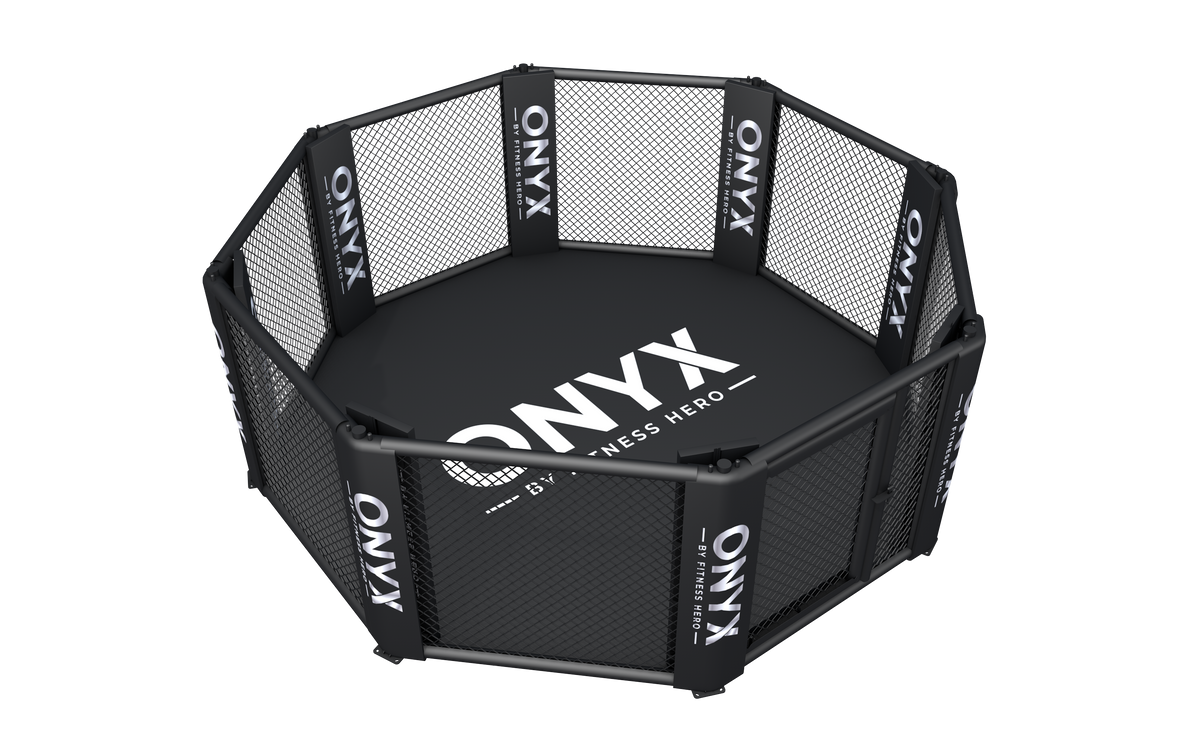 Onyx floor MMA cage render with padded panels and custom corner pads