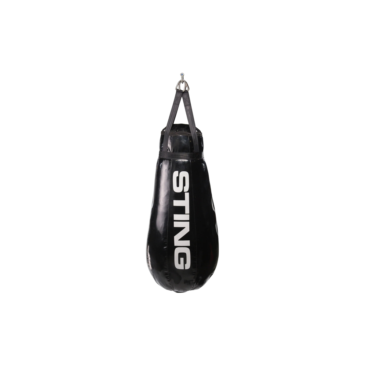 Black tear drop punching bag with hanging chains and Sting logo.