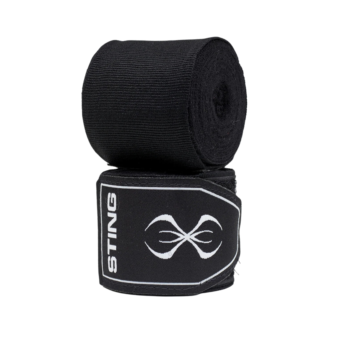 Black boxing hand wraps stacked on a white background, with the lower wrap showing a white STING logo and infinity symbol.