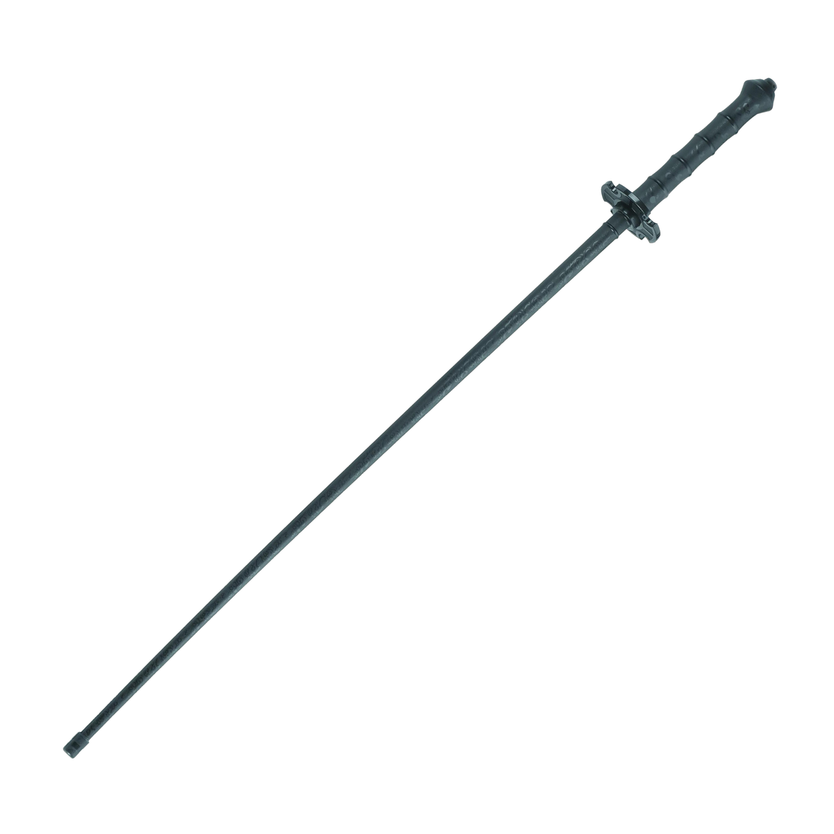 Black polypropylene training stick with guard and end ring for martial arts forms and controlled weapons practice.