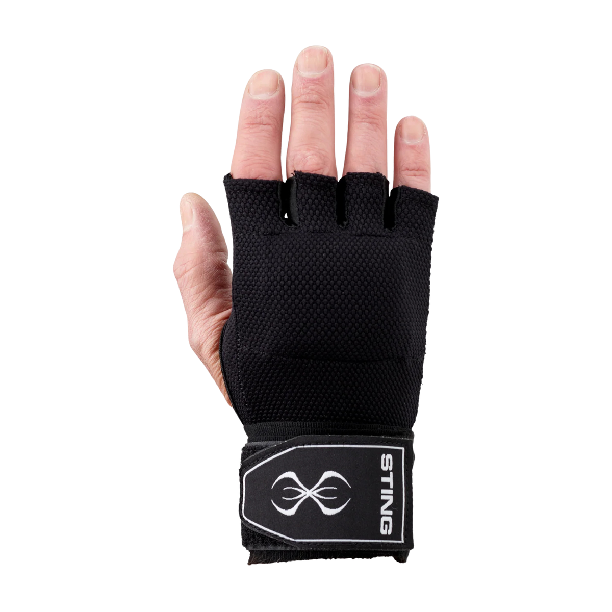 Black elastic quick hand wraps with padded knuckles and hook-and-loop wrist strap.