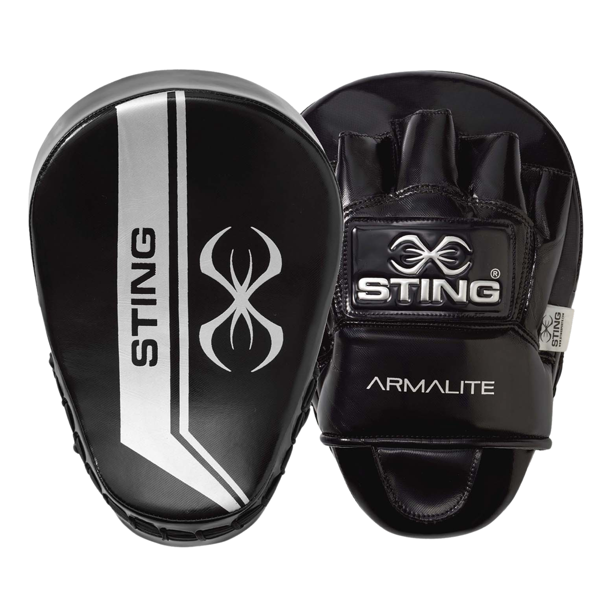 Black and silver focus mitts with curved striking surface and padded hand compartment.