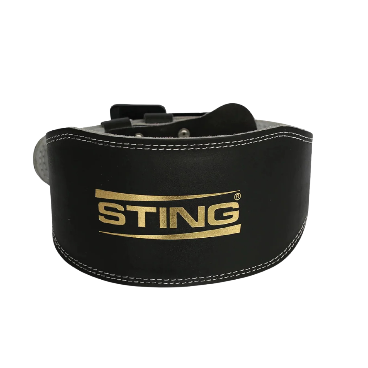 Black 6-inch suede leather lifting belt with double-prong stainless steel buckle and padded back support.