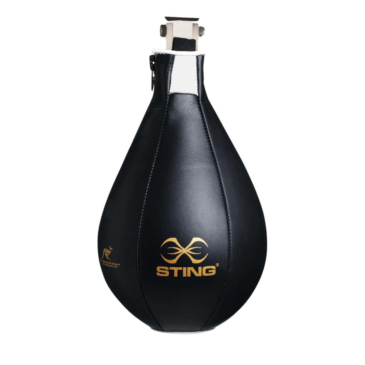 A black leather teardrop-style speed bag with gold STING branding on the front, shown against a plain white background.