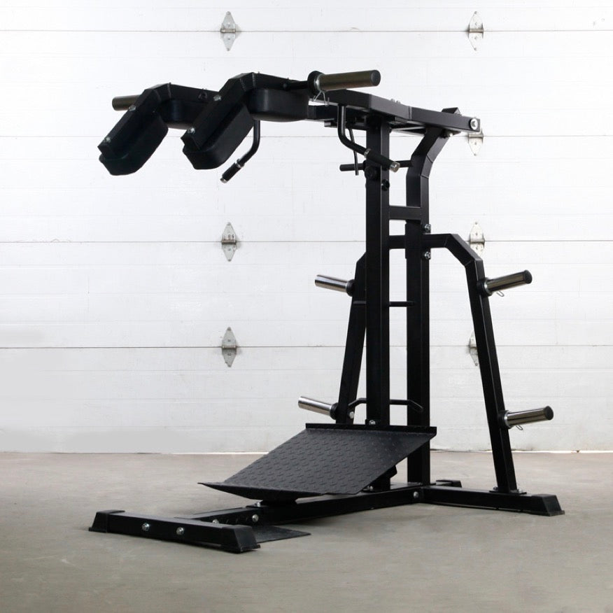Commercial standing calf and squat machine with storage pegs