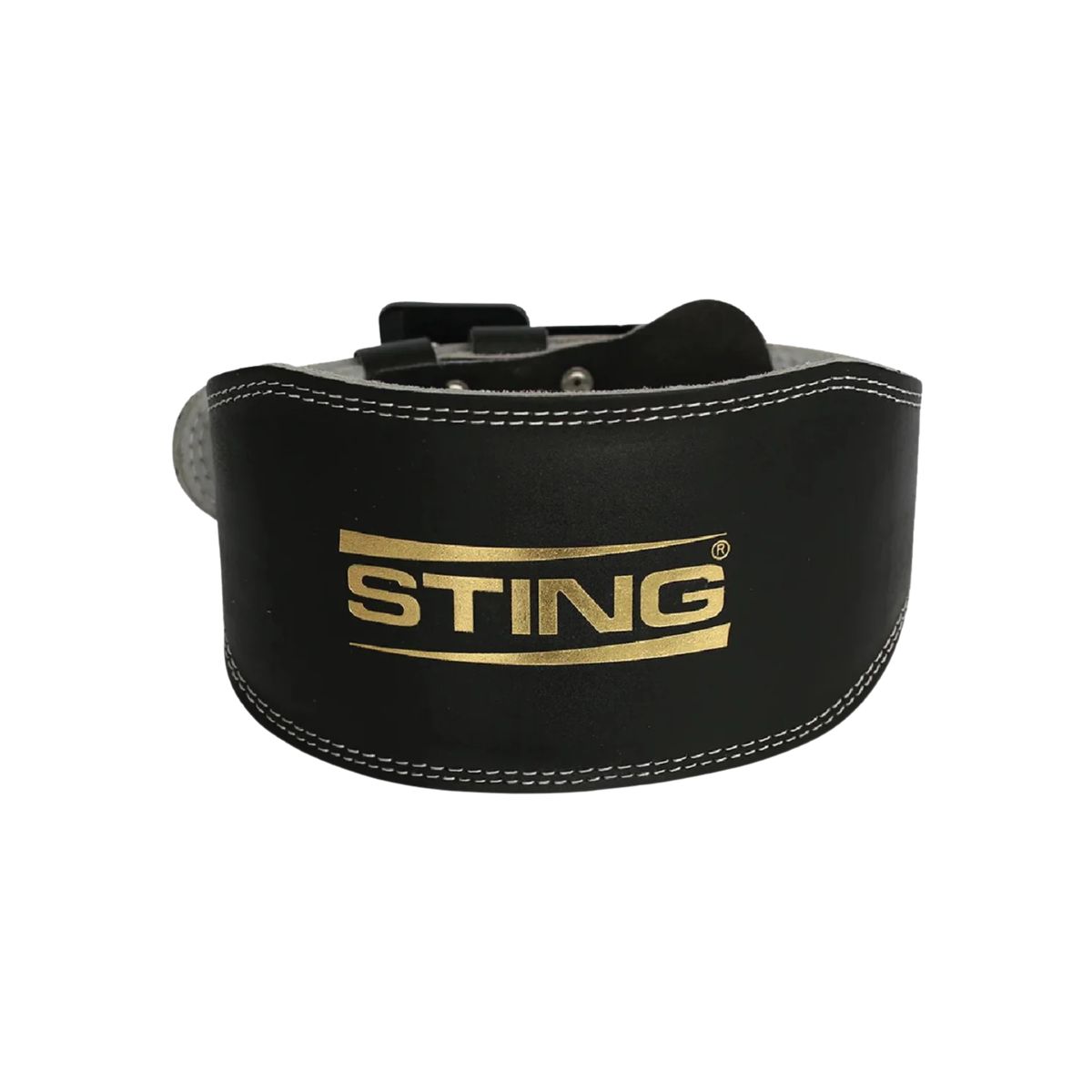 Black 6-inch suede leather lifting belt with double-prong stainless steel buckle and padded back support.