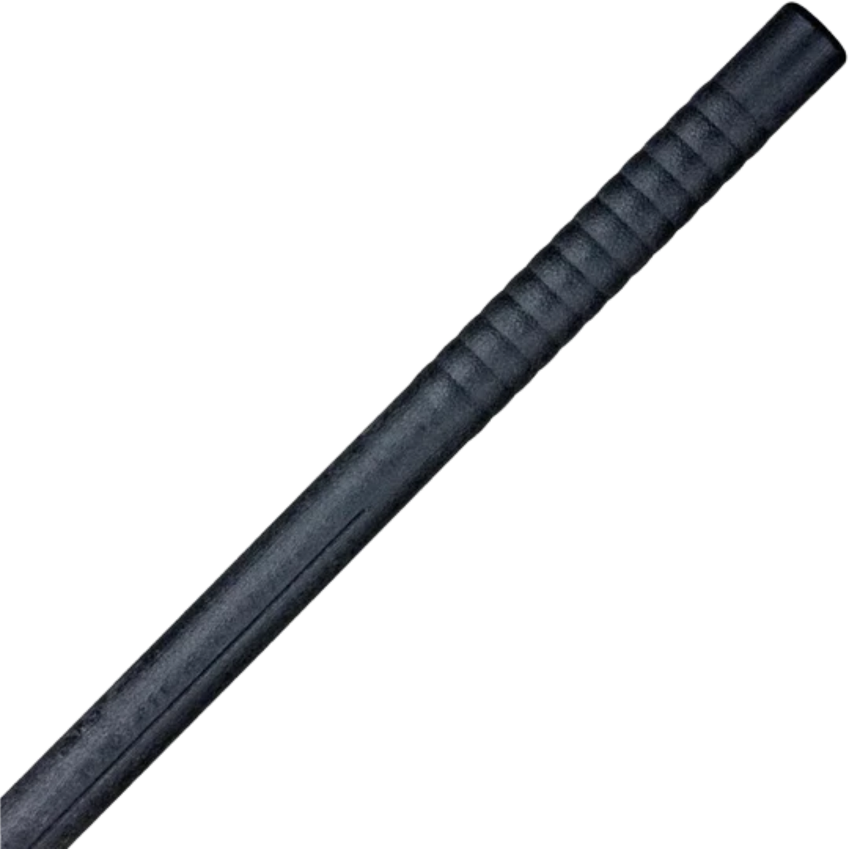 Black polypropylene jo staff with textured wood-grain finish and ribbed grip zones for martial arts weapons training.