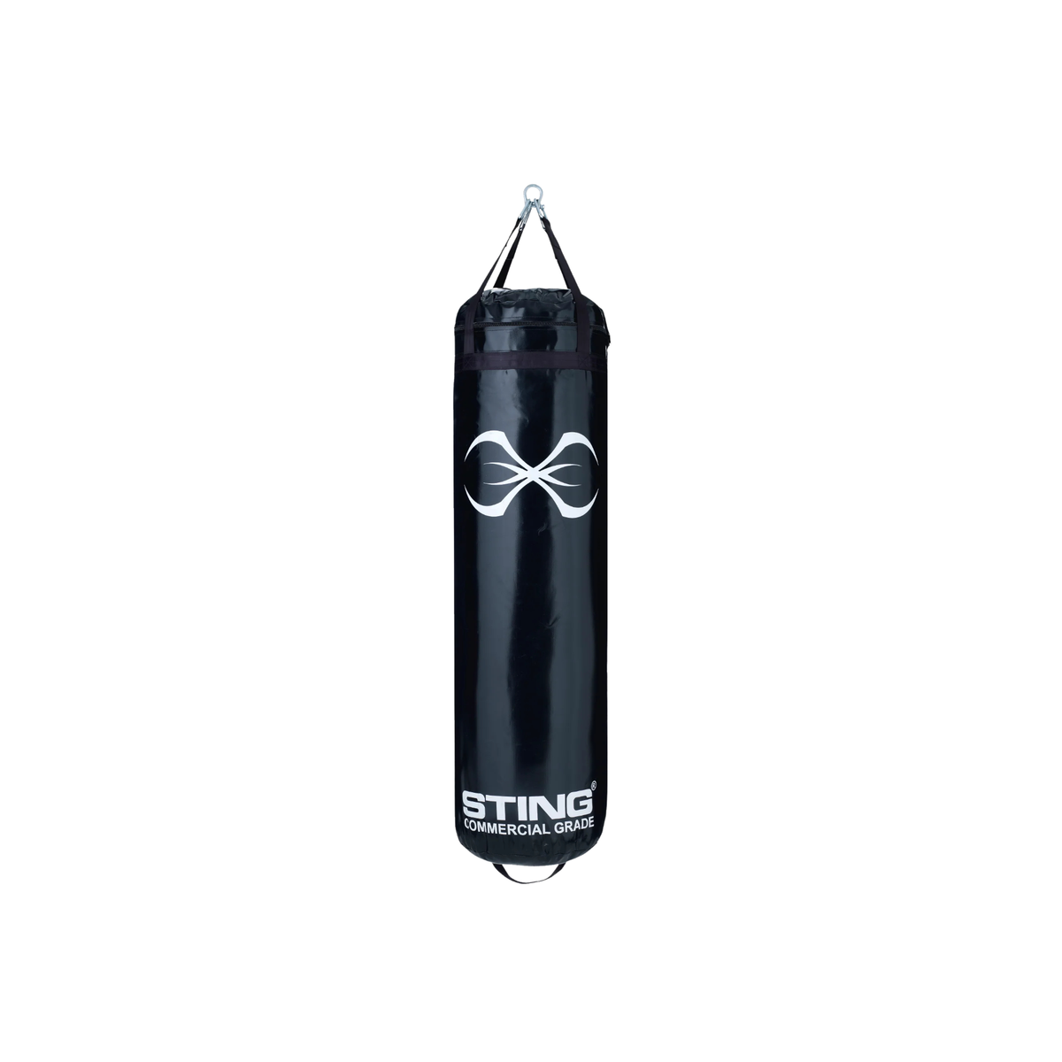 Black cylindrical punching bag with hanging chains and Sting logo.