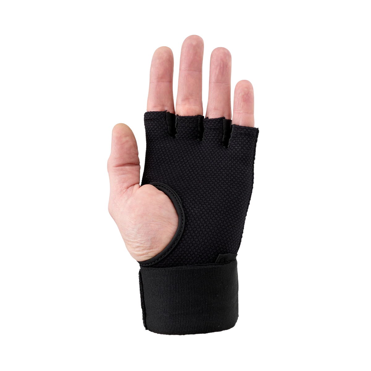 Black elastic quick hand wraps with padded knuckles and hook-and-loop wrist strap.