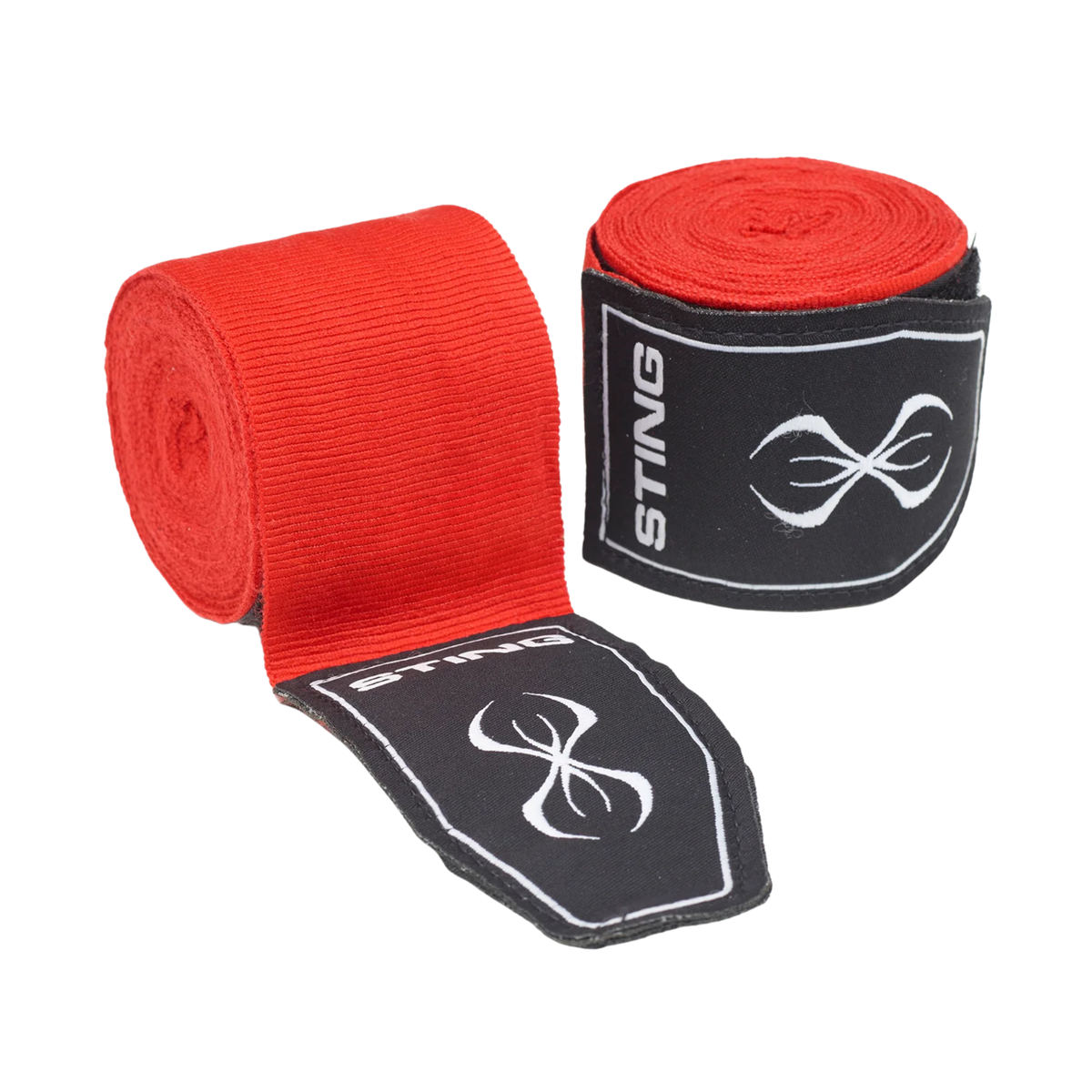Red and black hand wraps with white logo details, shown as rolled bands and a flat strip on a white background.