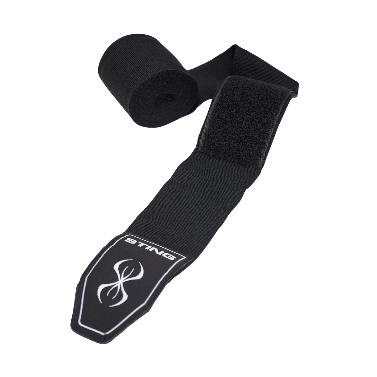 Black athletic wrist wrap with a hook-and-loop closure and a white STING logo patch on the end, shown on a plain white background.