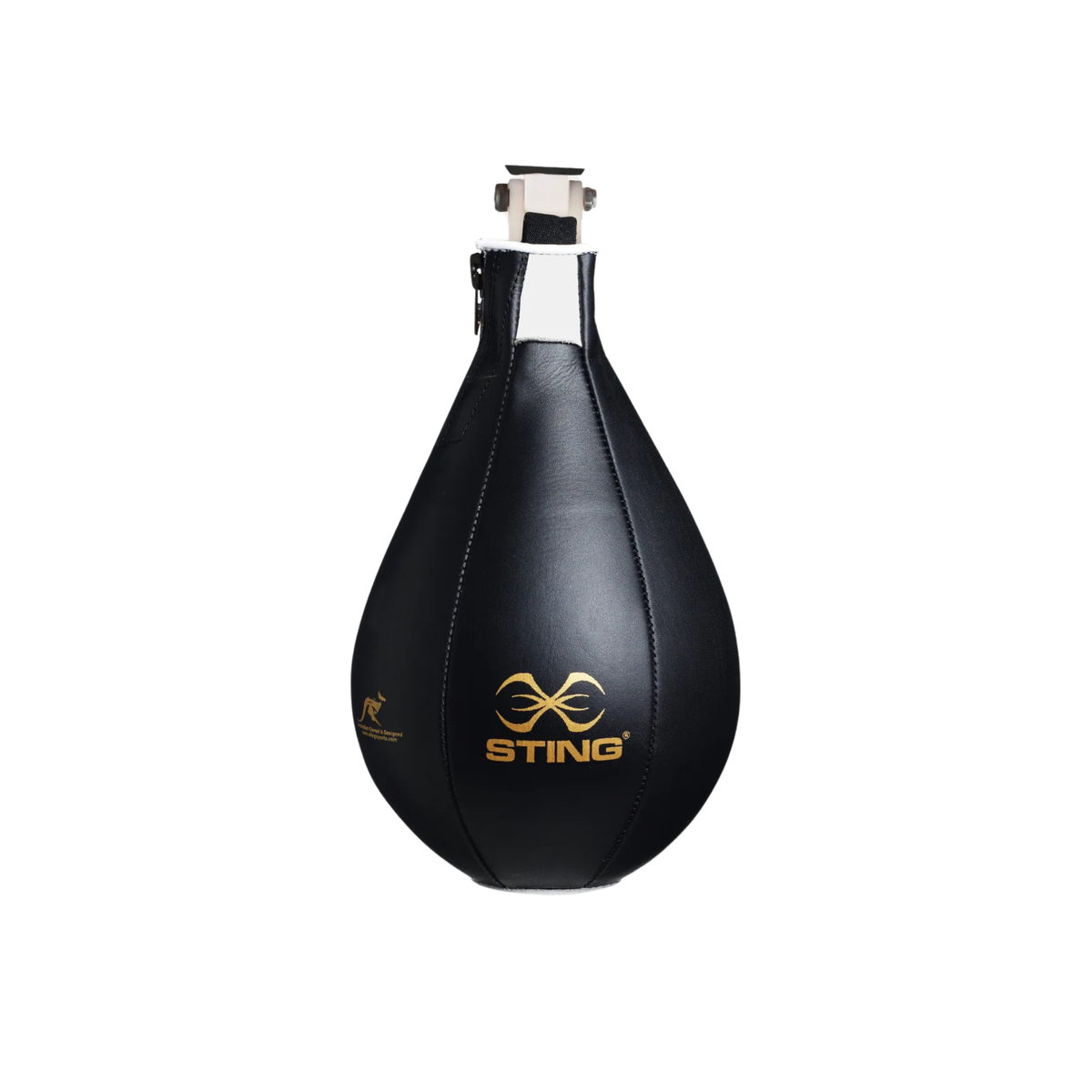 A black leather teardrop-shaped speed bag with gold STING branding on the front, shown against a plain white background.