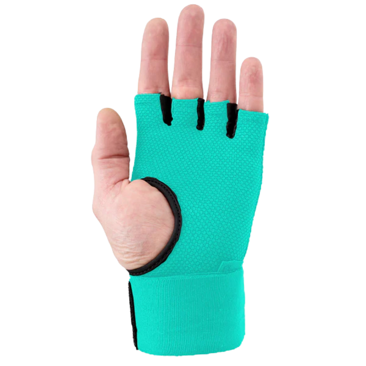 Teal hand wrap with black wrist wrap and Sting logo on a white background