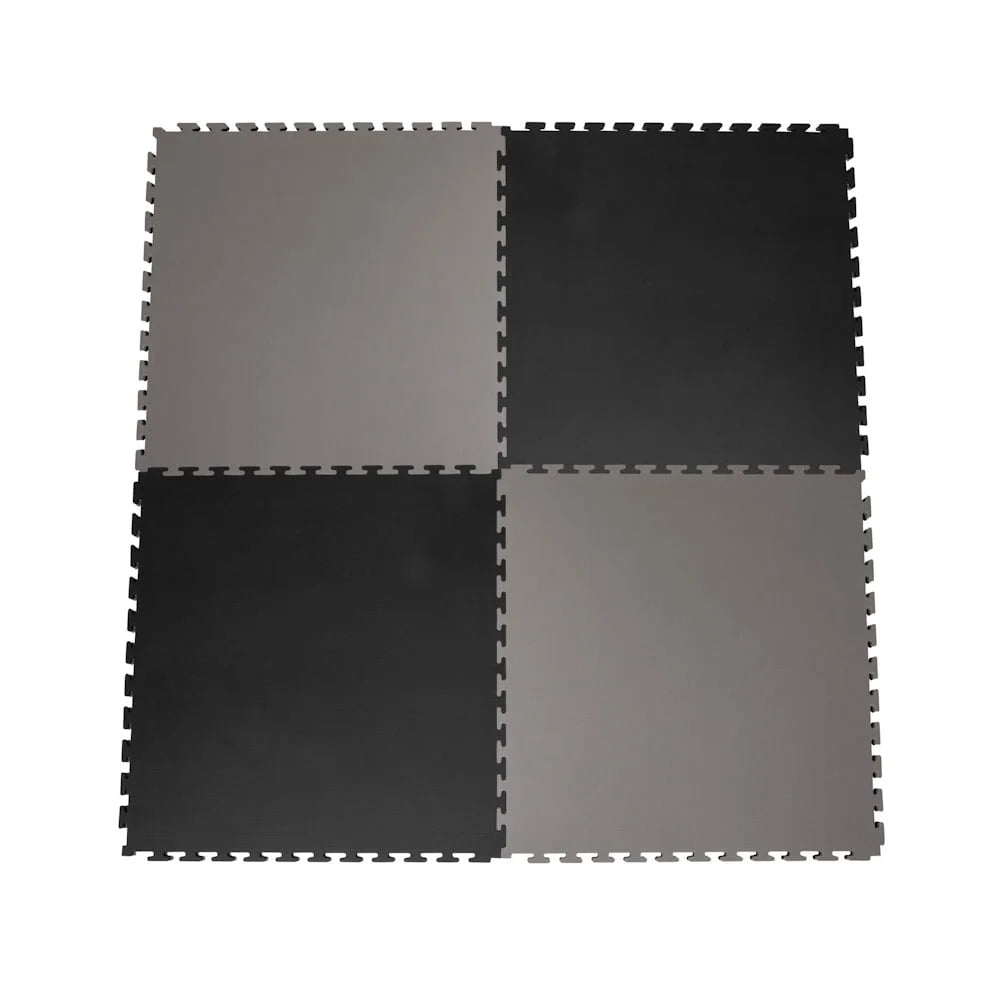 Four interlocking foam puzzle tiles in black, grey. 2cm thick tatami mats