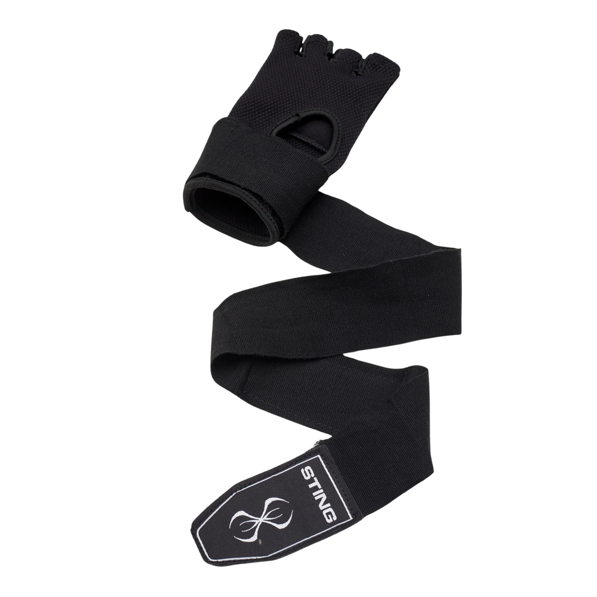 Black elastic quick hand wraps with padded knuckles and hook-and-loop wrist strap.
