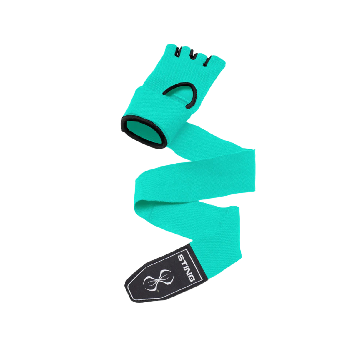 Teal hand wrap with black wrist wrap and Sting logo on a white background