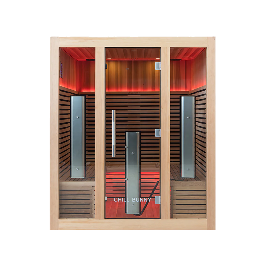 Full spectrum infrared heater panel inside Canadian cedar sauna