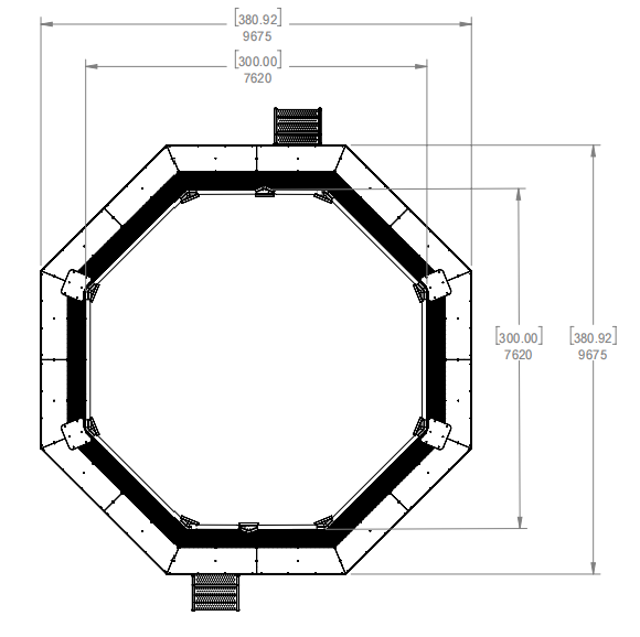 Technical drawing of an octagonal structure with dimensions