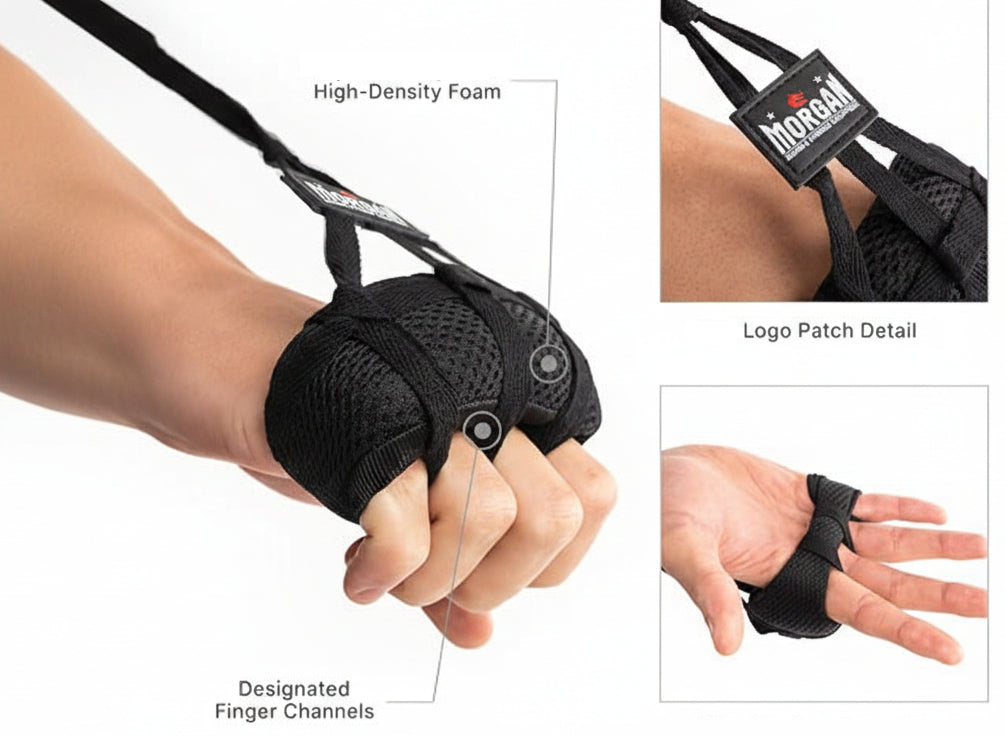 Black wrist support brace with labeled features on a white background