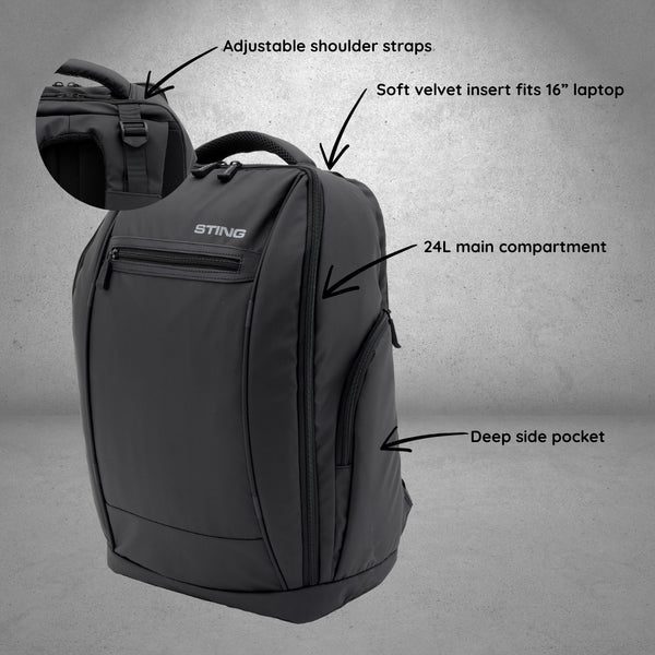 Sting Contender backpack with padded laptop compartment and durable water-resistant design for gym, travel, and daily use