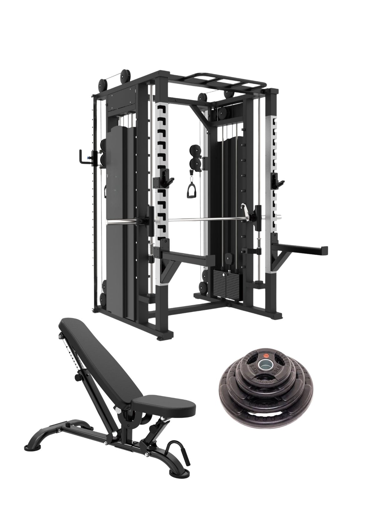 Elite Synergy Smith Machine Home Gym Bundle - dual stack Synergy station, adjustable super bench and Olympic tri grip plates - Fitness Hero