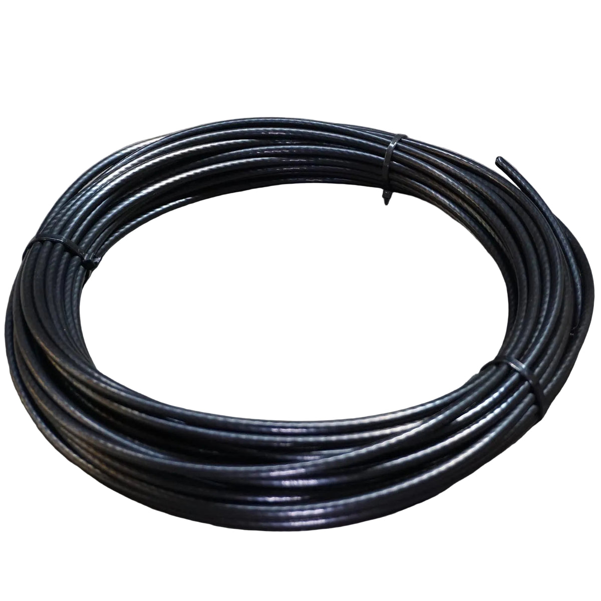 Gym Cable 6mm PU coated - black polyurethane coated 6x19 galvanised wire rope for cable machines, sold in 1m, 5m, 10m and 20m lengths (and for a stripped-end shot: Gym cable end stripped showing 4mm galvanised 6x19 wire under the 6mm black PU coating).