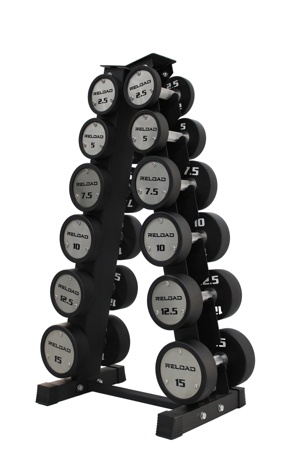 Reload premium round dumbbell set with vertical rack