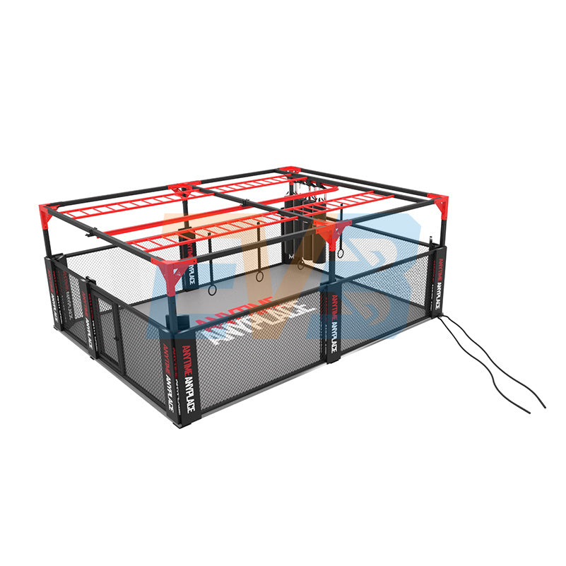 Full view of MMA cage training station with cross-training attachments and functional rig layout