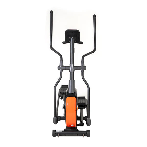 Elliptical trainer with orange console on a white background Front View