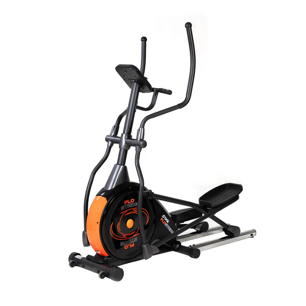 Elliptical trainer with black and orange design on a white background