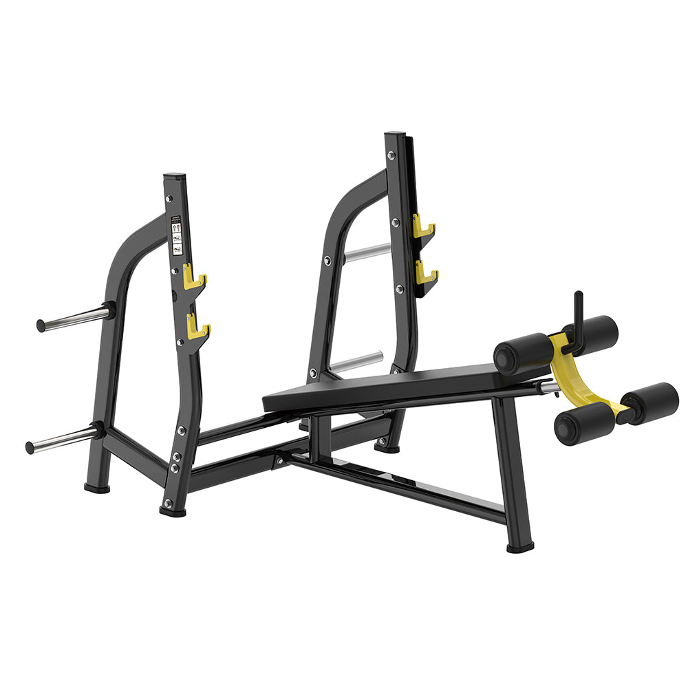 Solaris Olympic Decline Bench Press Station - commercial fixed decline bench with foam leg rollers, integrated bar rack, two-height J-hook catches and 4 Olympic plate horns, matte black