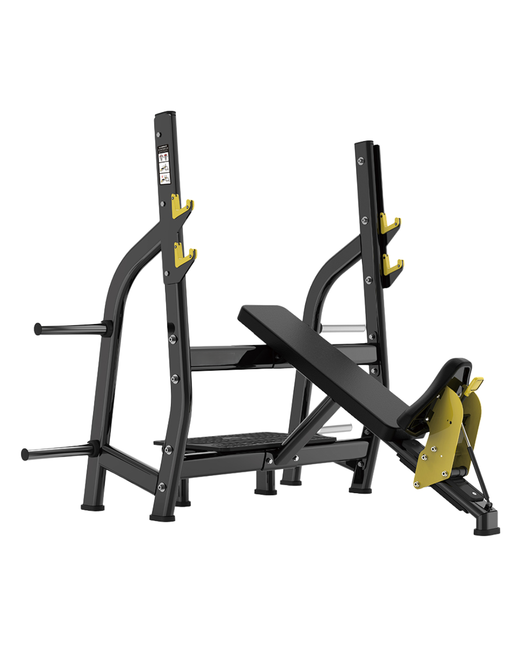 Solaris Olympic Incline Bench Press Station - commercial fixed incline bench with integrated bar rack, two-height J-hook catches, spotter platform and 4 Olympic plate horns, matte black