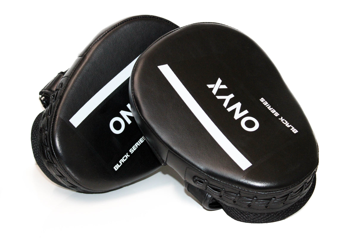 Onyx Black Series curved boxing focus mitts with wrist strap