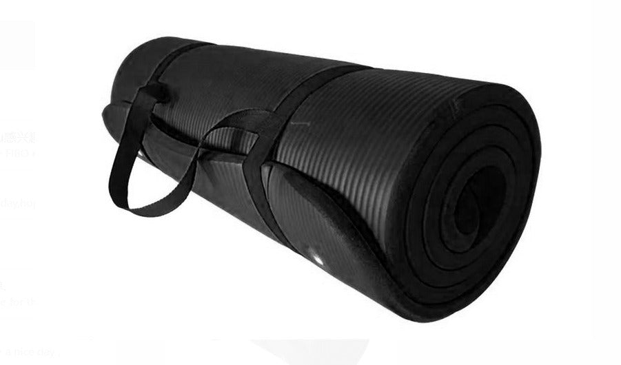 Black yoga mat with carrying strap. 10mm thick