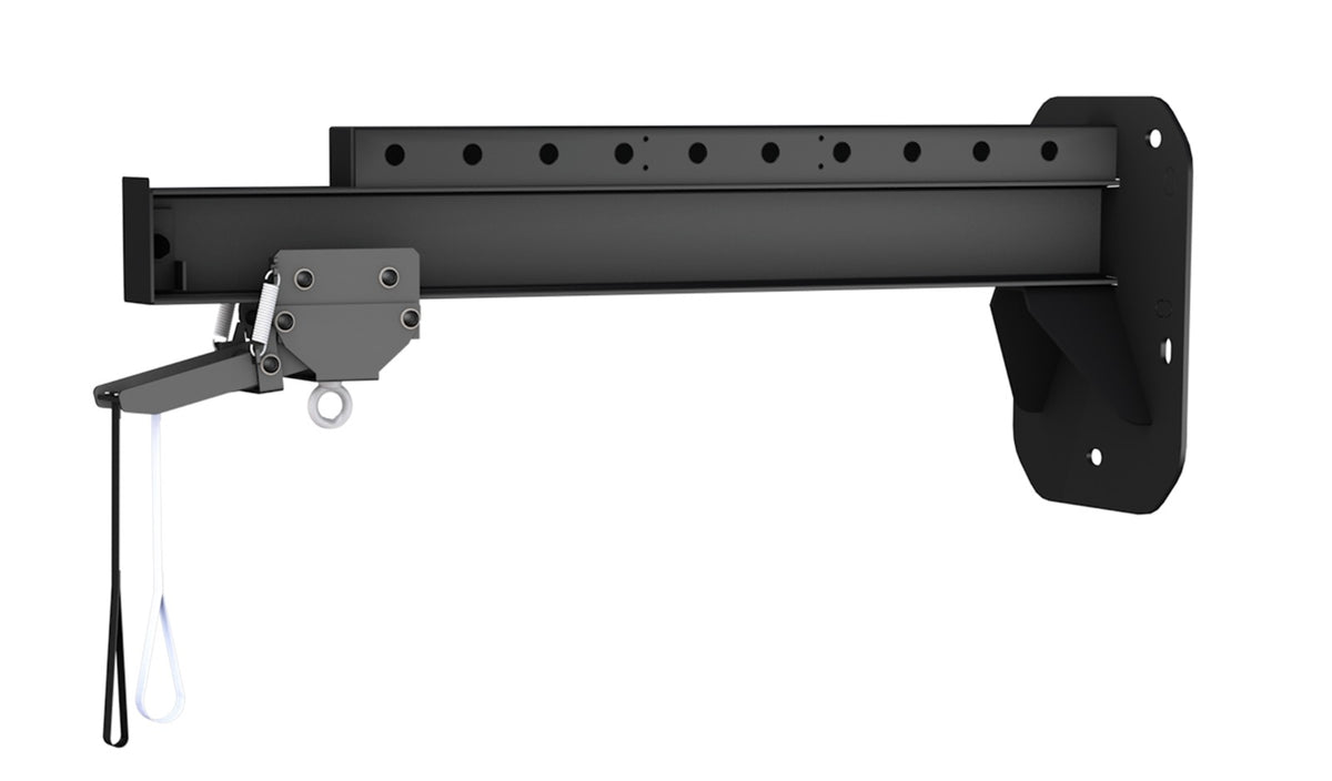 Heavy duty wall mounted boxing bag rail close up - Q235 steel sliding trolley with swivel hanger and pull strap release