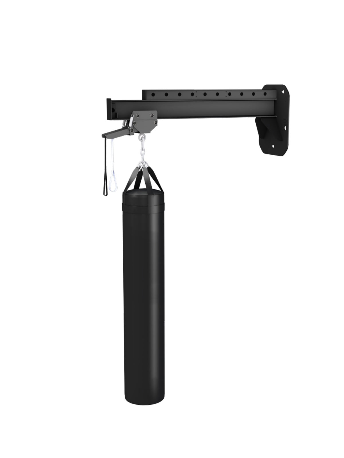 Commercial wall mounted single boxing bag rail holding punching bag on sliding trolley - black heavy duty steel