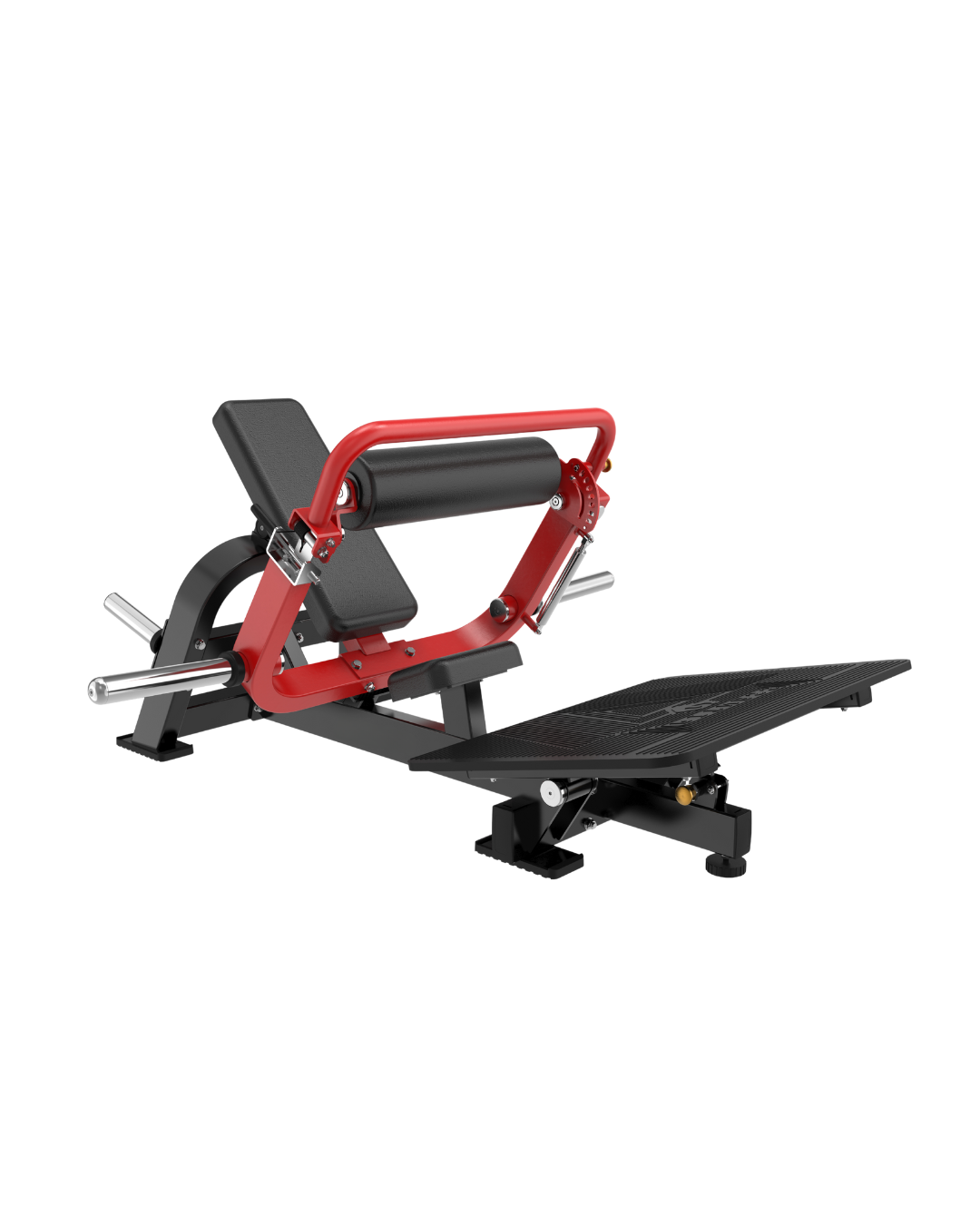 Raptor Series hip glute thrust machine showing Olympic plate loading arm, adjustable footplate and safety handles.