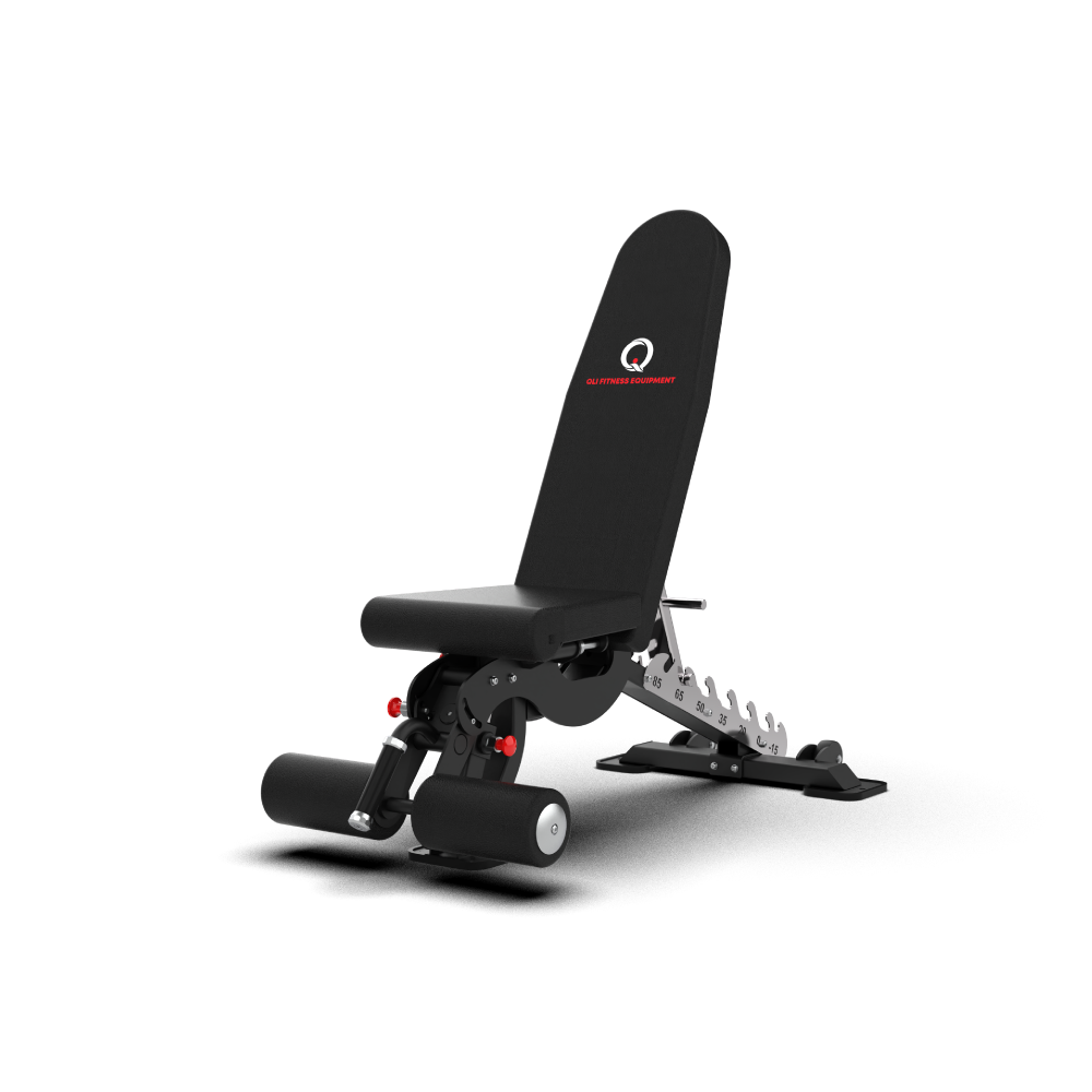 QLI Adjustable Bench QAB01 - commercial adjustable weight bench in the incline position with leg hold-down rollers