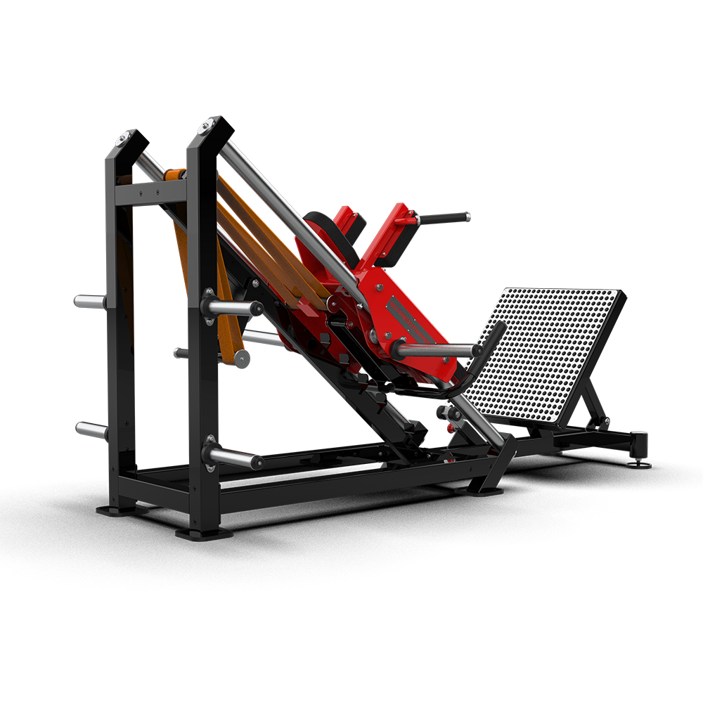 Side view of the QLI QAHS100 hack squat, showing the 45-degree rails and perforated footplate