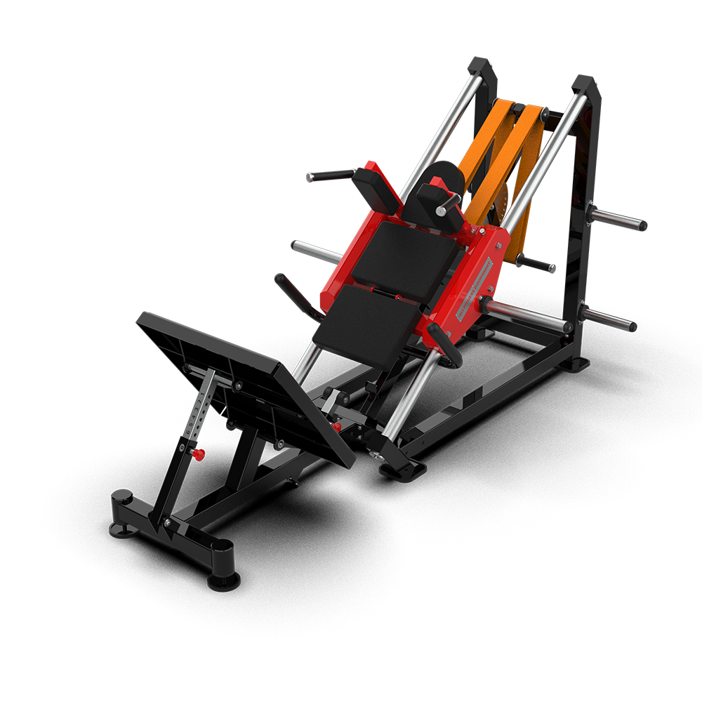 QLI QAHS100 adjustable hack squat from the footplate end, showing the angled platform and sled