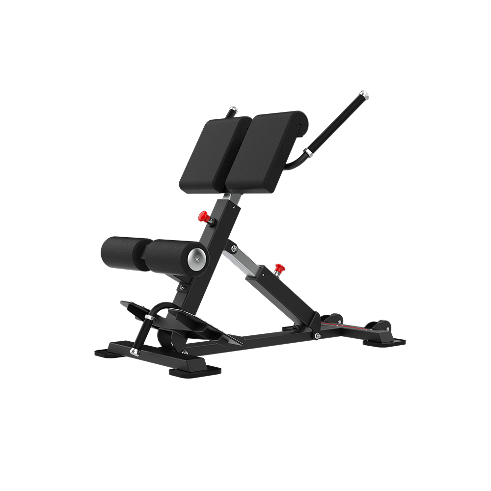 Side view of the QLI QBE030 back extension, showing the height-adjustable hip pad column