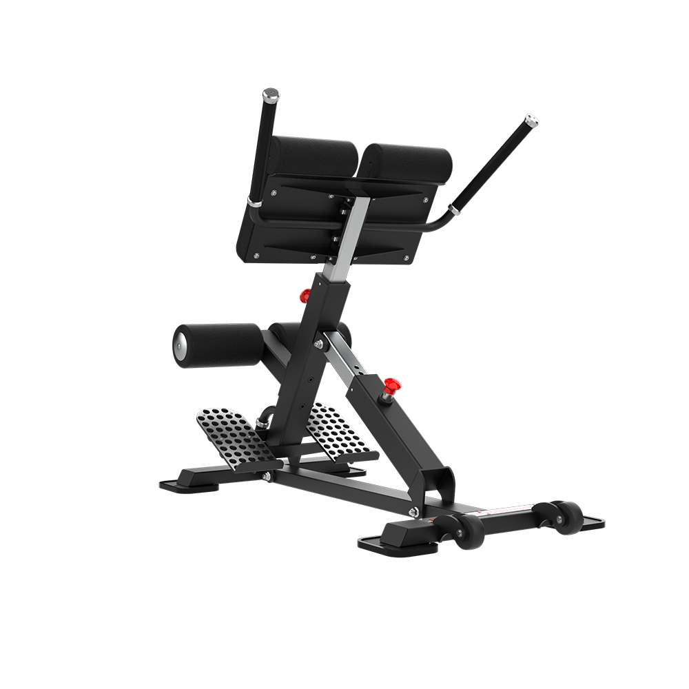 QLI QBE030 back extension from the front, with twin ankle rollers below the hip pads