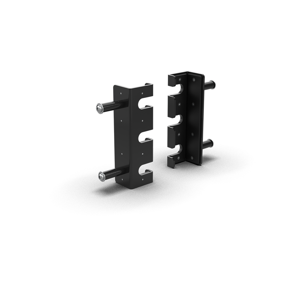 QLI QBHR11 barbell hanger brackets three-quarter view, showing the mounting pins