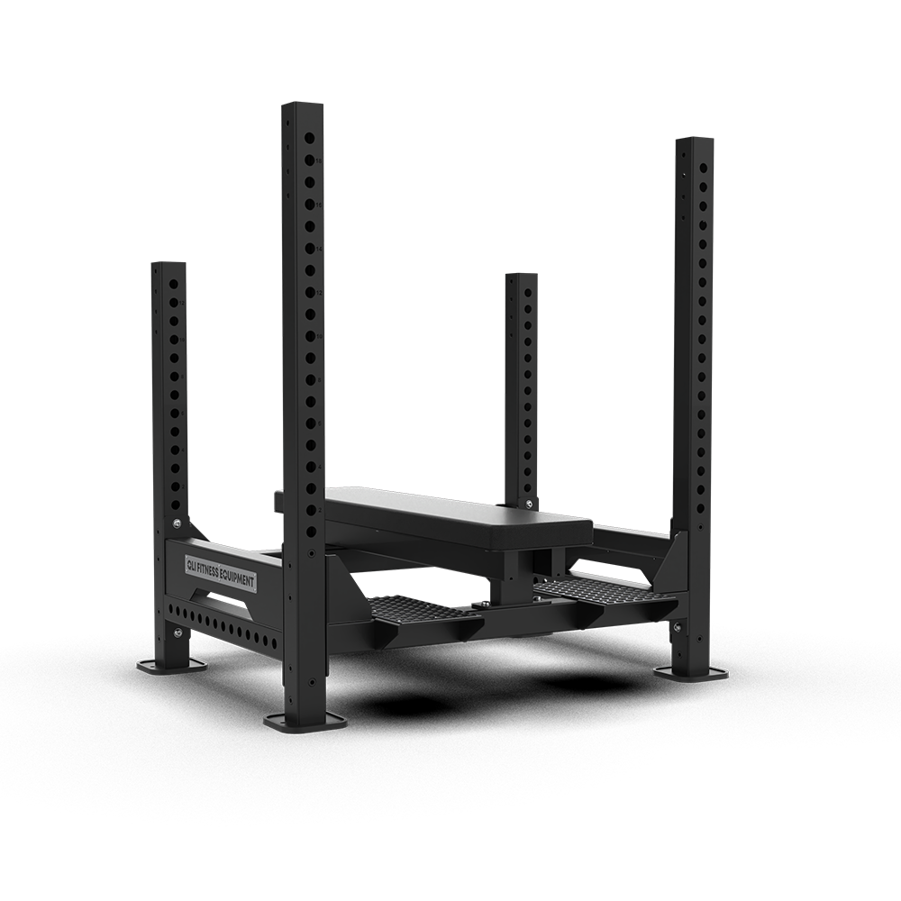 QLI Bench Press Frame QBPF056 with a flat bench inside a four-post steel frame and perforated platforms