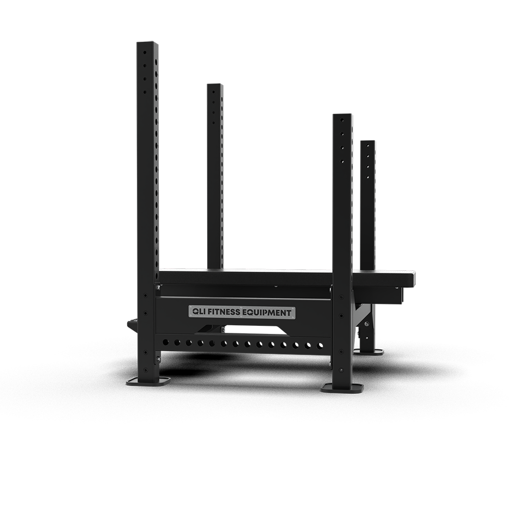 Side profile of the QLI QBPF056 bench press frame, showing uprights of two heights and the branded base