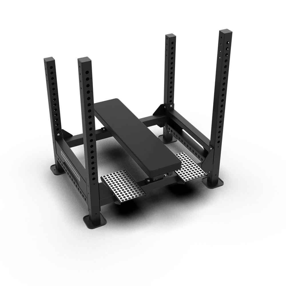 QLI QBPF056 bench press frame from above, with perforated steel platforms either side of the bench