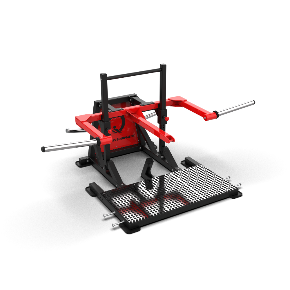 QLI Belt Squat QBQ090 with large perforated footplate, front handrail and red plate-loaded lever arm