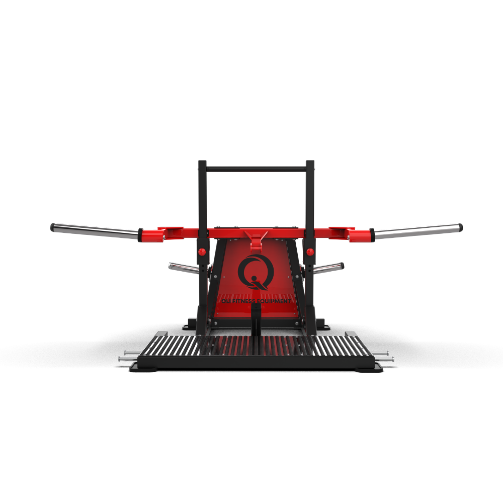 QLI QBQ090 belt squat from the front, showing the handrail and long weight pegs