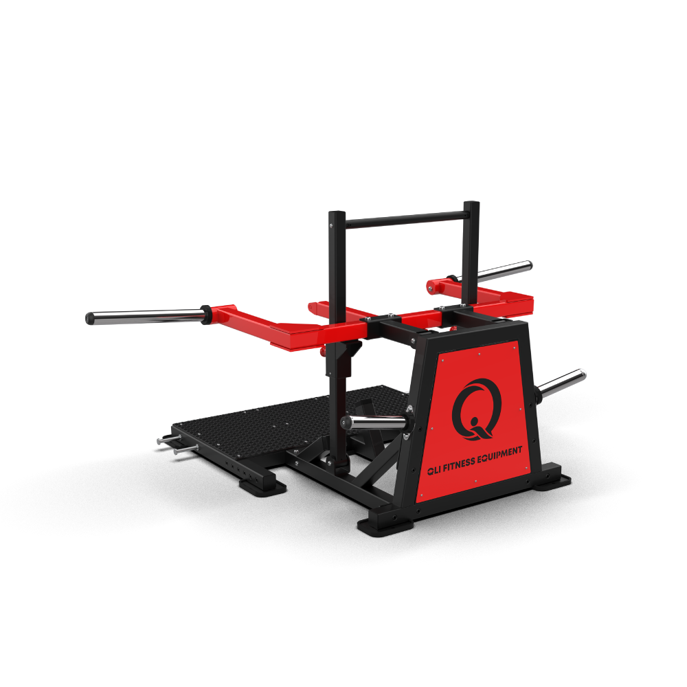 QLI QBQ090 belt squat three-quarter view, showing the footplate and weight pegs