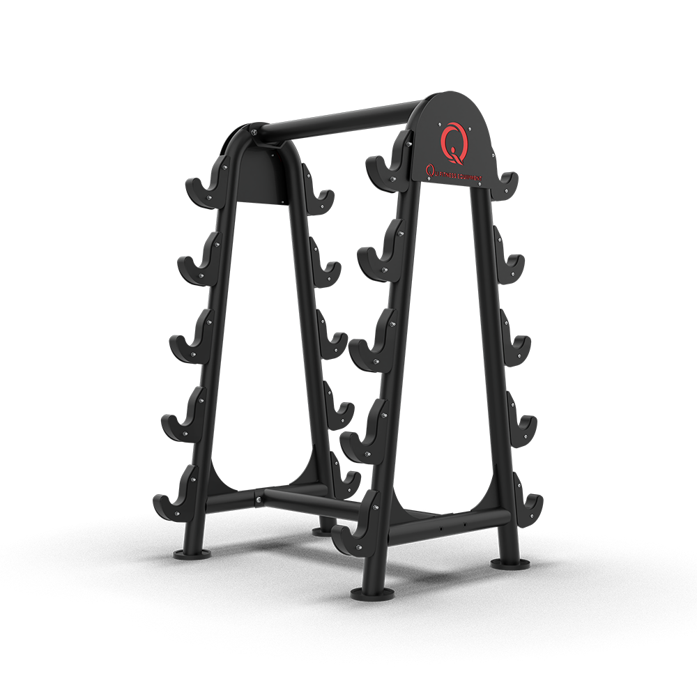 QLI Barbell Storage Rack QBSR92, a black double A-frame rack with curved bar holders and red QLI logo panels